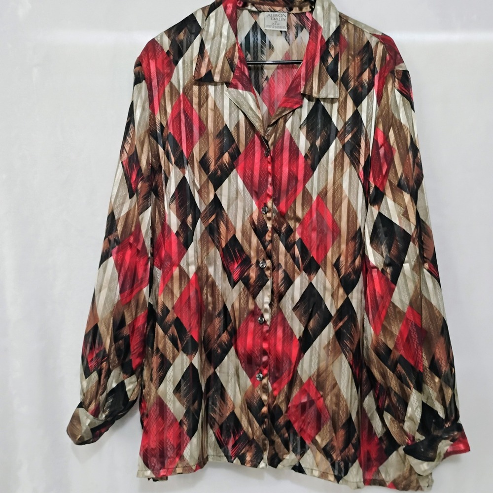 Allison‎ Daley Red Black Tan Diamond Argyle Metallic Sheer Button Blouse 22 W
